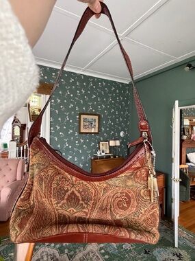 Brown Paisley Jacquard Shoulder Bag vintage Fossil - leather and fabric
